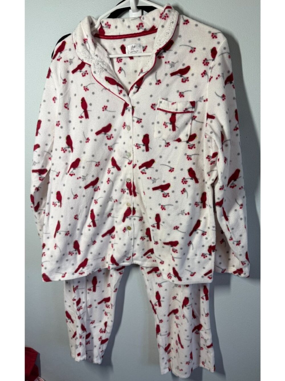 Aria Womens Large White/Red Cardinal Bird Fleece Pajama Set Cozy Winter Lounge